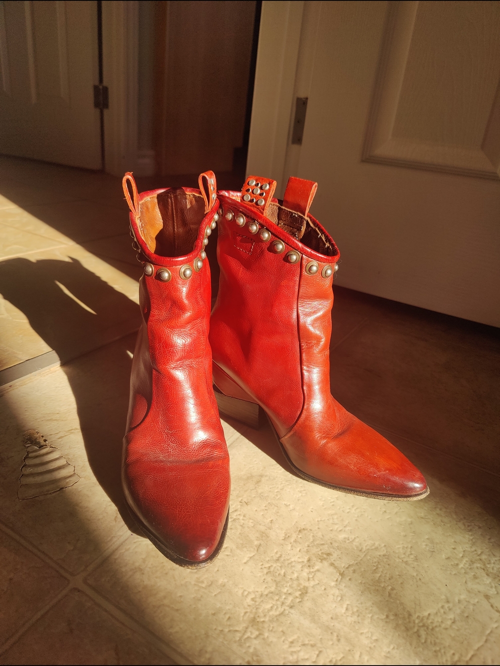 A.S.98 Women's Red Studded Leather Ankle Boots - Picture 2 of 5